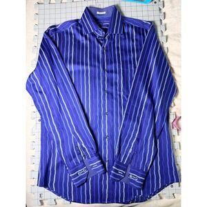 Bugatchi Uomo Shaped Fit Blue Multi Stripe Button Down Shirt Men's Medium